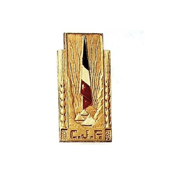 CJF, insigne général, métal lourd peint doré, dos gaufré, petit boléro à fenêtre, léger manque de peinture