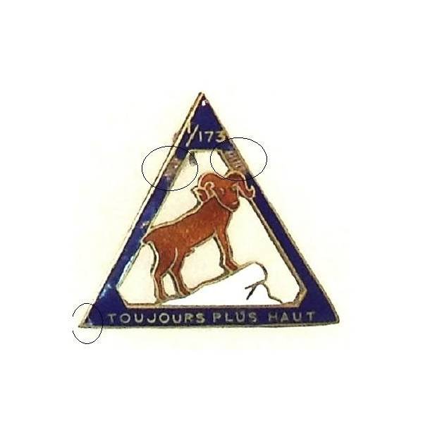 173° Régiment d'Infanterie Alpine / I° Bataillon , bouquetin ajouré, "toujours plus haut", éclats d'émail, Corse
