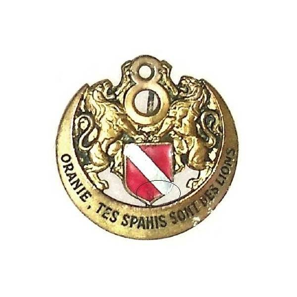 8° Régiment de Spahis Algériens , devise française, bande argentée, dos argenté, rayé, éclats, attache abimée
