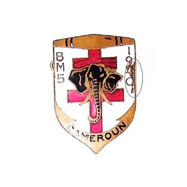 Bataillon de Marche 5 de la 1° Division de la France Libre , Cameroun, éléphant, matriculé, éclat d'émail