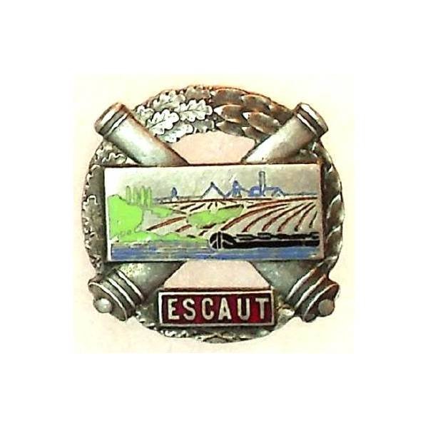 Secteur Fortifié de l'Escaut , paysage, bateau noir sur fleuve bleu, émail