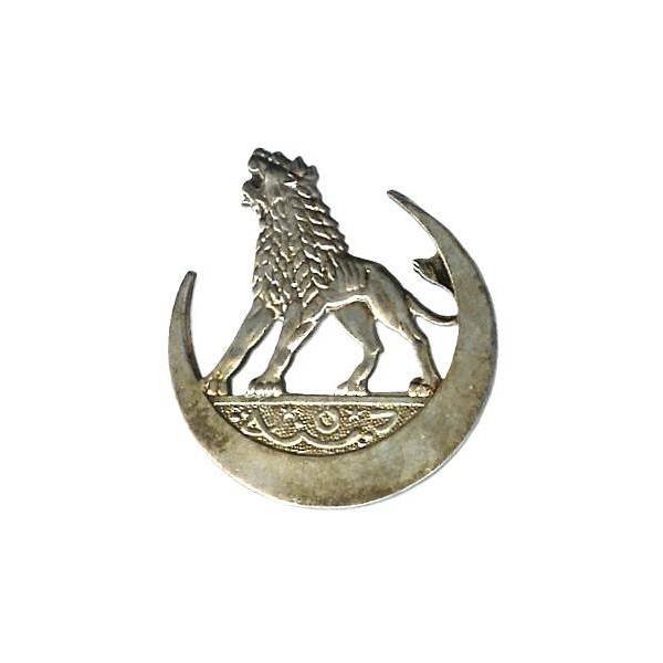 5° Division d'Infanterie Nord-Africaine , lion rugissant dans croissant, métal blanc verni