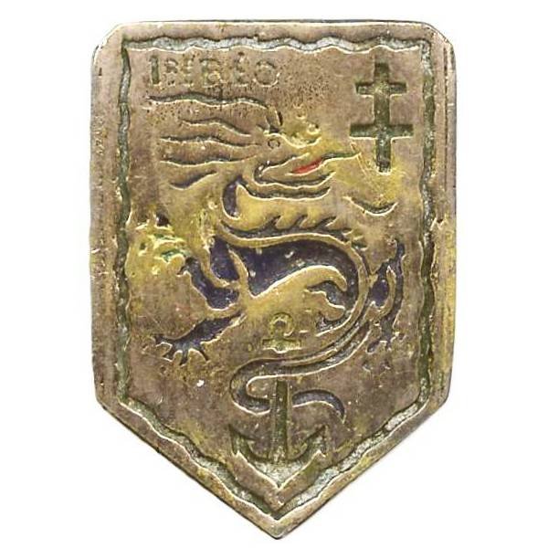 1° Brigade d'Extrême-Orient , dragon bleu, croix de Lorraine verte , métal chromé peint, 25 x 36