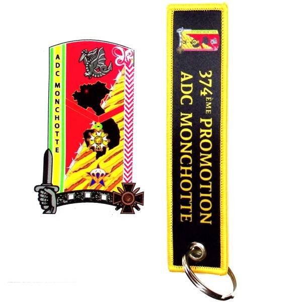 374° Promo ENSOA  Adjudant-chef  Monchotte, 5° Bataillon, porte-clefs en tissu + autocollant