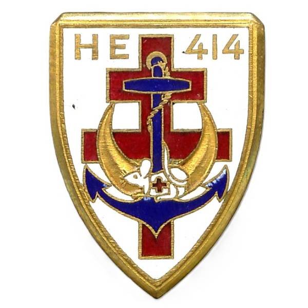 Hôpital d'Evacuation 414 , 1° Armée Française 1944-1945,  souris blanche, croix de lorraine rouge, ancre bleue, matriculé 20